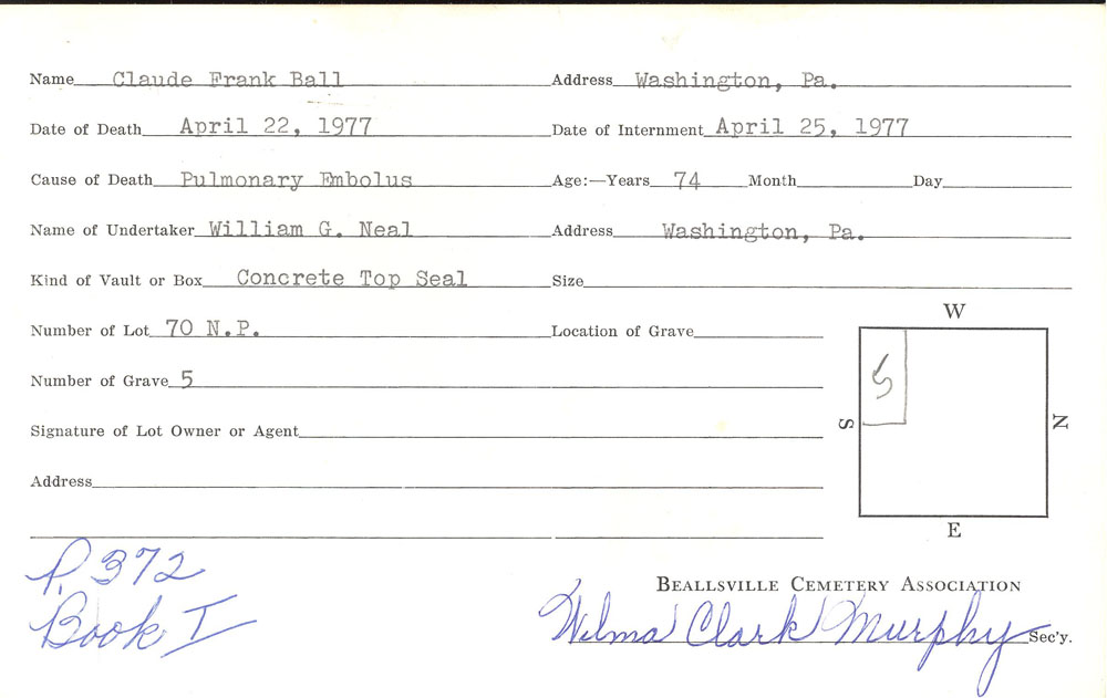 Claud Frank Ball burial card